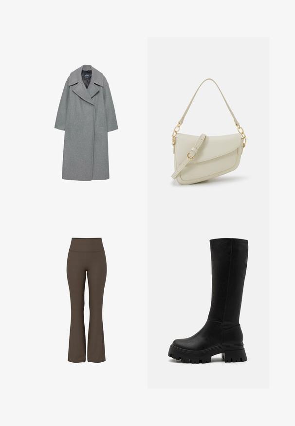 Manteau en laine gris avec un large col cranté, des manches longues et des poches latérales. Le design est simple avec une silhouette droite.; Haut de sweat léger gris clair, coupé, en tissu doux ; comporte une fermeture éclair sur le devant, une grande capuche et des poignets et un ourlet côtelés ; comprend des poches latérales.; Crop top blanc côtelé avec un col montant et sans manches. Fabriqué en tissu doux et extensible pour un ajustement confortable.; Pantalons évasés marron en tissu extensible, dotés d'une large taille, d'une texture lisse et d'une silhouette ajustée au niveau des cuisses.; Bottes noires arrivant aux genoux en simili cuir, dotées d'une semelle en caoutchouc épaisse avec des rainures profondes, d'une surface lisse et de détails de couture minimaux.; Petit sac à main crème avec une finition texturée, une longue sangle réglable, un accent en chaîne et une fermeture à rabat. Détails en matériel doré.