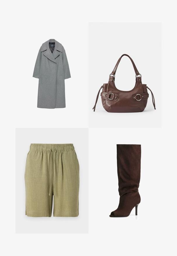 Manteau en laine gris avec un large col cranté, des manches longues et des poches latérales. Le design est simple avec une silhouette droite.; Haut de sweat léger gris clair, coupé, en tissu doux ; comporte une fermeture éclair sur le devant, une grande capuche et des poignets et un ourlet côtelés ; comprend des poches latérales.; Top court côtelé noir avec un col rond et sans manches. Fabriqué en tissu extensible et texturé. Étiquette mentionne "Urban Classics."; Shorts vert olive fabriqués en tissu texturé et respirant. Dotés d'une taille élastique et d'un cordon de serrage pour un ajustement réglable.; Botte marron foncé en suede, haute jusqu'au genou, avec un tige ample, un bout ouvert et un talon haut fin, photographiée sur fond blanc.; Sac à main en cuir marron de forme arrondie, avec quincaillerie argentée, deux anses latérales et une texture lisse. Dispose d'une seule poignée supérieure.