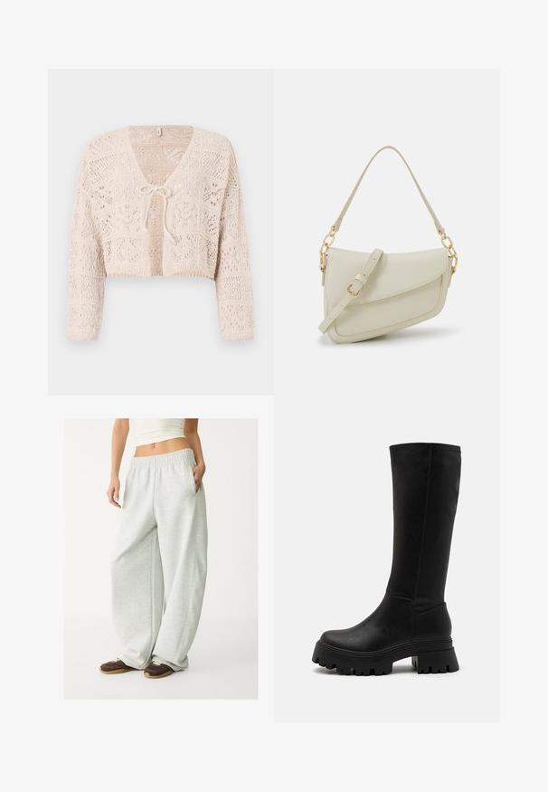 Sivý vlnený kabát s širokým výstrihom, dlhými rukávmi a bočnými vreckami. Dizajn je jednoduchý s priamou siluetou.; Háčkovaný béžový kardigán s otvoreným predným dielom, dlhými rukávmi a viazaním. Obsahuje geometrické vzory a skrátený strih.; Biely rebrovaný crop top s vysokým výstrihom a bez ramienok. Vyrobený z mäkkej, elastickej látky pre pohodlné nosenie.; Svetlo šedé tepláky s elastickým pásom, bočnými vreckami a voľným strihom. Vyrobené z mäkkej, textúrovanej látky; s jemnými švami.; Čierne čižmy po kolená vyrobené z umelého kože, s robustnou gumovou podrážkou s hlbokými drážkami, hladkým povrchom a minimálnymi švami.; Malá krémová kabelka s textúrovaným povrchom, dlhým nastaviteľným popruhom, reťazovým detailom a klopovým uzáverom. Zlaté kovové prvky.
