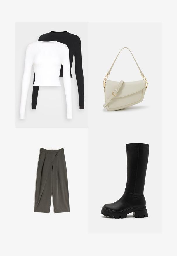 Grå ullkappa med breda slagkragar, långa ärmar och sidofickor. Designen är enkel med en rak silhuett.; Två långärmade ribbade toppar: en i vitt och en i svart, med rund halsringning och kortad passform. Texturen är mjuk och stretchig.; Vidbenade byxor i mörkgrått tyg. Har en slät framsida, sidofickor och en knappknäppning. Slät textur och skräddarsydd passform.; Svarta knähöga stövlar i konstläder, med en kraftig gummisula med djupa gropar, slät yta och minimala sömnadsdetaljer.; Liten gräddfärgad handväska med en strukturerad finish, en lång justerbar rem, en kedjedetalj och en klaffstängning. Guldfärgad hårdvara.