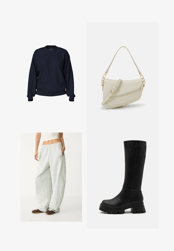 Sivi vuneni kaput s širokim izrezom, dugim rukavima i bočnim džepovima. Dizajn je jednostavan s ravnim siluetom.; Tamnoplavi dukserica s okruglim izrezom, dugim rukavima, rebrastim manžetama i donjim rubom. Glatka tekstura bez vidljivih uzoraka ili metalnih detalja.; Svijetlosive trenirke s elastičnim pojasom, bočnim džepovima i širokim krojem. Izrađene od mekog, teksturiranog materijala; imaju suptilne šavne detalje.; Crne čizme do koljena od umjetne kože, s čvrstim gumene potplatima s dubokim utorima, glatkom površinom i minimalnim detaljima šivanja.; Mala krem torbica s teksturiranim finišom, dugačkim podesivim remenom, lančanim detaljem i preklopom. Zlaćani hardver.