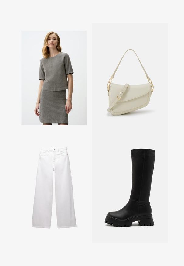 Manteau en laine gris avec un large col cranté, des manches longues et des poches latérales. Le design est simple avec une silhouette droite.; Ensemble deux pièces à chevrons gris comprenant un haut à manches courtes et une jupe cintrée. Le matériau a une finition texturée avec des accents en noir.; Jean large blanc en denim. Comprend une fermeture à bouton, des poches avant et arrière, et des coutures. Texture lisse avec un minimum de détails.; Bottes noires arrivant aux genoux en simili cuir, dotées d'une semelle en caoutchouc épaisse avec des rainures profondes, d'une surface lisse et de détails de couture minimaux.; Petit sac à main crème avec une finition texturée, une longue sangle réglable, un accent en chaîne et une fermeture à rabat. Détails en matériel doré.