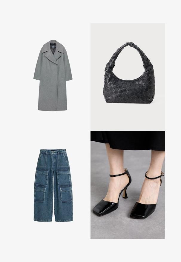 Grauer Wollmantel mit einem breiten, eingeschnittenen Kragen, langen Ärmeln und Seitentaschen. Das Design ist schlicht mit einer geraden Silhouette.; Langärmliges weißes Oberteil mit weitem Halsausschnitt und gerafftem Detail im Rücken. Glatte Textur, figurbetonter Schnitt.; Dunkelblaue Denim-Cargo-Hosen mit weitem Bein, mehreren vorderen Taschen mit Klappen und gekettelten Säumen.; Souliers Martinez LAURA - High Heel Pumps - lajara cybil black; Schwarze Leder Schultertasche mit geflochtenem Tragegriff und halbrunder Form auf einem einfarbigen Hintergrund.