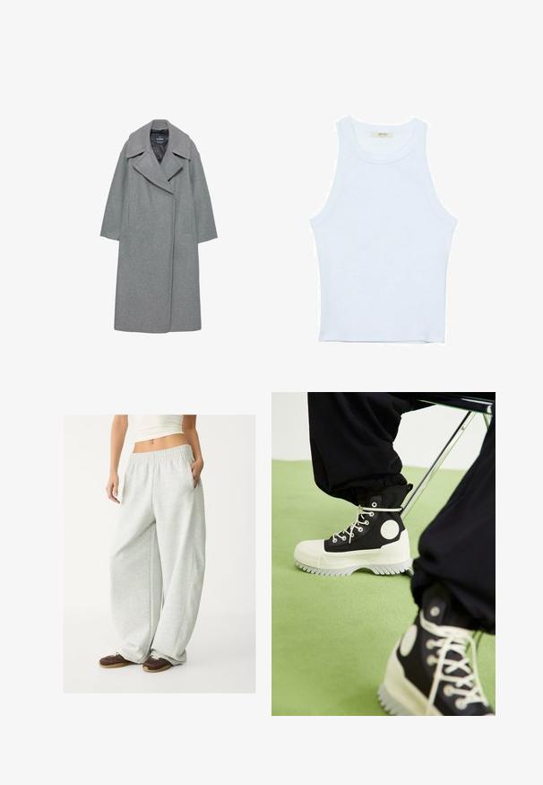 Cappotto grigio in lana con ampio colletto a punte, maniche lunghe e tasche laterali. Il design è semplice con una silhouette dritta.; Canotta bianca, texture a coste, scollatura rotonda, design senza maniche, forma aderente, branding sottile sull'etichetta all'interno dell'area del colletto.; Pantaloni della tuta grigi chiari con vita elasticizzata, tasche laterali e vestibilità ampia. Realizzati in tessuto morbido e strutturato; presentano cuciture sottili.; Converse CHUCK TAYLOR ALL STAR LUGGED 2.0 PLATFORM COUNTER CLIMATE EXTRA HIGH - Stivaletti stringati - black/egret
