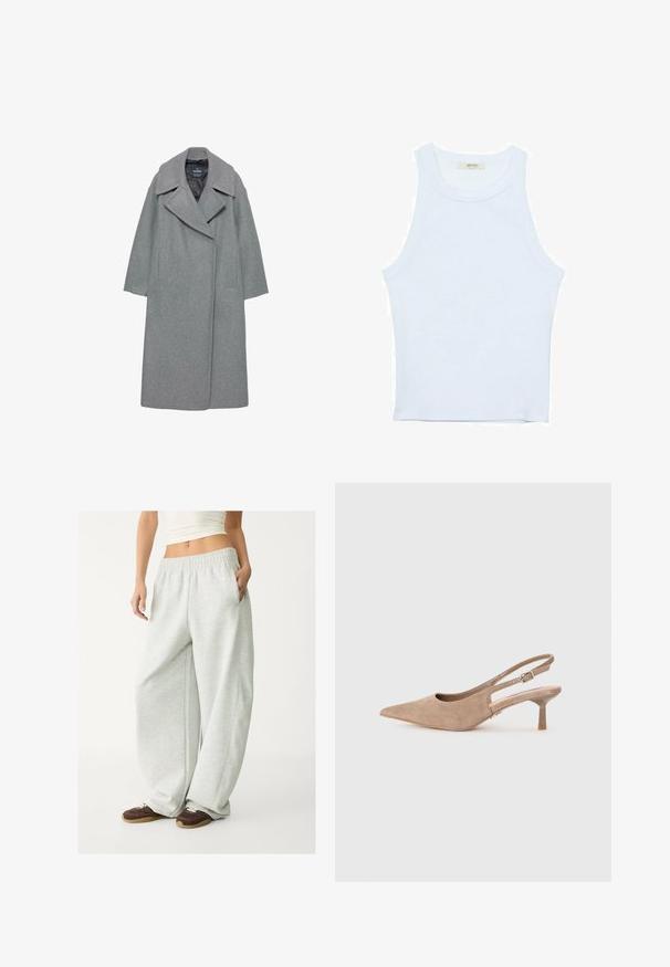 Harmaa villatakki, jossa on leveä kauluskotelo, pitkät hihat ja sivutaskut. Muotoilu on yksinkertainen suoran siluetin kanssa.; Valkoinen hihaton toppi, ribbed rakenne, pyöreä pääntie, hihaton malli, tiukka muoto, hillitty brändäys kauluksella sisäpuolella.; Vaaleat harmaat collegehousut, joissa on joustava vyötärö, sivutaskut ja löysä istuvuus. Valmistettu pehmeästä, tekstuurilla varustetusta kankaasta; sisältää hienovaraisia saumoja.; Vaaleanruskeat mokkanahkakengät, joissa on kärjellinen muoto ja matala, läpinäkyvä lohkohae. Varustettu säädettävällä hihnalla tukevan istuvuuden saavuttamiseksi.