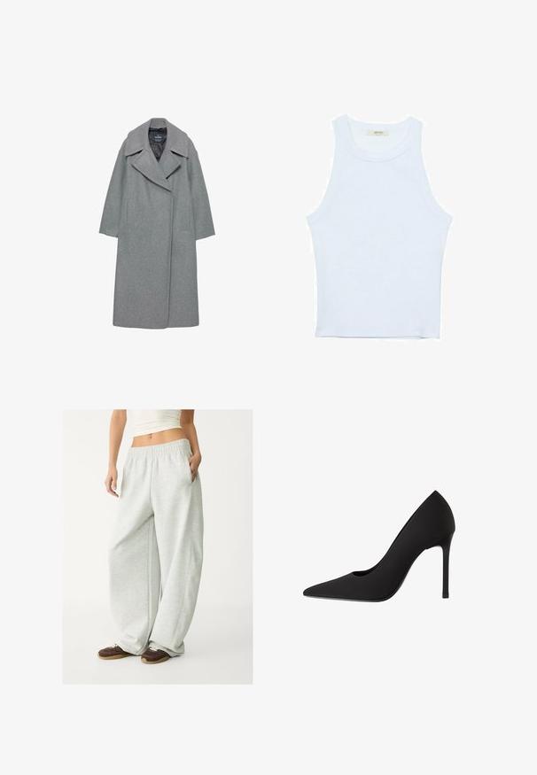 Grauer Wollmantel mit einem breiten, eingeschnittenen Kragen, langen Ärmeln und Seitentaschen. Das Design ist schlicht mit einer geraden Silhouette.; Weißes Tanktop, gerippte Textur, runder Ausschnitt, ärmelloses Design, enganliegende Form, dezente Markenkennzeichnung im Etikett im Kragenbereich.; Hellgraue Sweatpants mit einem elastischen Bund, Seitentaschen und lockerem Schnitt. Hergestellt aus weichem, strukturiertem Stoff; verfügt über dezente Nähte.; Schwarzer High-Heel-Pumps mit spitzer Zehenpartie, eleganter Satinoberfläche und Stiletto-Absatz. Mit einem subtilen Ausschnitt an der Seite gestaltet.