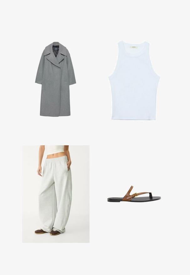 Grå ullkappa med breda slagkragar, långa ärmar och sidofickor. Designen är enkel med en rak silhuett.; Vit linne med ribbat mönster, rund halsringning, ärmlös design, figurnära passform, diskret logotyp på etiketten inuti halsringningen.; Ljusgrå sweats med elastisk midja, sidofickor och en lös passform. Tillverkade av mjukt, strukturerat tyg; har subtila sömmar.; Breda läder flip-flop sandal med ett guldspänne, platt svart sula och minimalistisk design, med en slät textur.