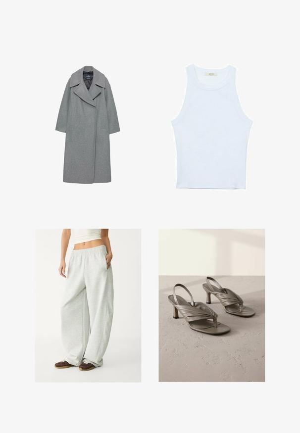 Manteau en laine gris avec un large col cranté, des manches longues et des poches latérales. Le design est simple avec une silhouette droite.; Débardeur blanc, texture côtelée, encolure ronde, design sans manches, forme ajustée, marque discrète sur l'étiquette à l'intérieur du col.; Pantalon de survêtement gris clair avec une taille élastique, des poches latérales et une coupe ample. Fabriqué en tissu doux et texturé ; présente des coutures subtiles.; Sandales à talons hauts en cuir gris à dos ouvert avec des brides avant torsadées et des orteils carrés, présentant un petit talon bloc et une surface texturée.