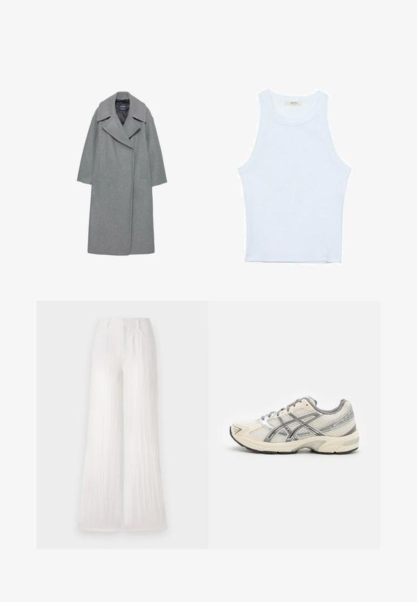 Manteau en laine gris avec un large col cranté, des manches longues et des poches latérales. Le design est simple avec une silhouette droite.; Débardeur blanc, texture côtelée, encolure ronde, design sans manches, forme ajustée, marque discrète sur l'étiquette à l'intérieur du col.; Pantalons larges blancs avec un tissu texturé, dotés de deux poches latérales et d'une taille haute. Finition lisse avec un ourlet droit.; Baskets de course avec une tige en mesh blanc respirant, des accents argentés, des lacets gris et une semelle en caoutchouc noir durable. Design léger et rembourré.