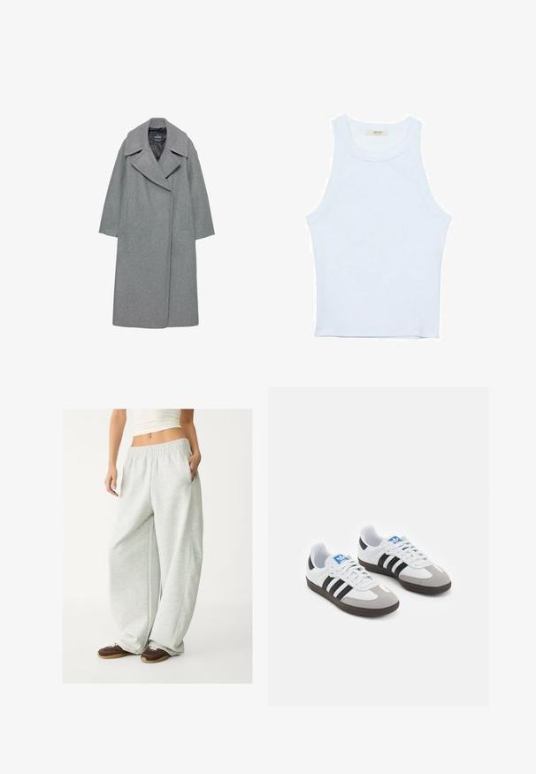 Siv plašč iz volne z širokim izrezom, dolgimi rokavi in stranskimi žepi. Oblika je preprosta z ravno silhueto.; Bela majica bez rukavov, rebrasta tekstura, okrugli izrez, kroj koji prati tijelo, suptilno brendiranje na etiketi unutar ovratnika.; Svetlo sivi trenirke z elastičnim pasom, stranskimi žepi in ohlapnim krojem. Narejene iz mehke, strukturirane tkanine; vsebujejo subtilne šive.; Športni čevlji z belim usnjenim zgornjim delom, sivim semišem na prstih in tremi črnimi črtami. Imajo modro logo na jeziku in teksturiran gumijast podplat.