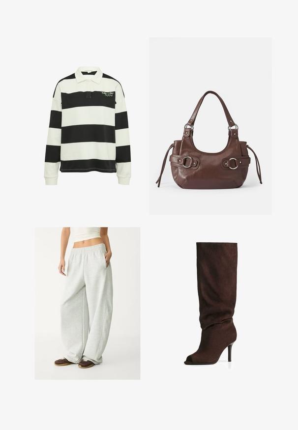 Grijze wollen jas met een brede gekantelde kraag, lange mouwen en zijzakken. Het ontwerp is eenvoudig met een rechte silhoutte.; Zwart-wit gestreepte longsleeve polo, met een kraag en geborduurde groene tekst. Zacht materiaal met geribbelde manchetten en zoom.; Lichtgrijze sweatpants met een elastische tailleband, zijzakken en een losse pasvorm. Gemaakt van zachte, gestructureerde stof; met subtiele naden.; Donkerbruin suède kniehoge laars met een slonzig schacht, open teen en slanke hoge hak, gefotografeerd op een witte achtergrond.; Bruine leren handtas met ronde vorm, zilveren hardware, twee zijriemen en een gladde textuur. Beschikt over een enkele handgreep aan de bovenkant.
