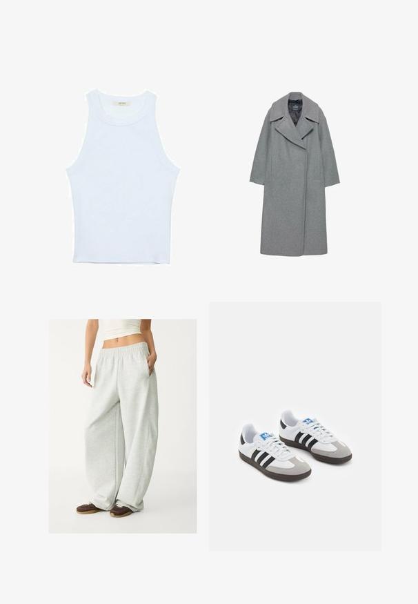 Szary wełniany płaszcz z szerokim, klapowym kołnierzem, długimi rękawami i bocznymi kieszeniami. Projekt jest prosty, o prostym kroju.; Biały top bez rękawów, prążkowana tekstura, okrągły dekolt, dopasowany krój, subtelne logo na metce wewnątrz obszaru kołnierza.; Jasnoszare spodnie dresowe z elastycznym pasem, bocznymi kieszeniami i luźnym krojem. Wykonane z miękkiej, teksturowanej tkaniny; posiadają subtelne szwy.; Buty sportowe z białą skórzaną cholewką, szarym zamszowym noskiem i trzema czarnymi paskami. Posiadają niebieskie logo na języku oraz teksturowaną gumową podeszwę.