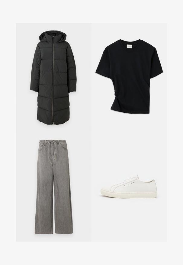 Črn puffer plašč s kapuco, prešita zasnova, polna zadrga in stranske šive. Gladka tekstura z rahlo sijočim končnim videzom.; Črno majico iz mehkega bombaža odlikuje okrogla izreza, kratki rokavi in nekoliko zvit dizajn za sproščen fit.; Široke sivo denim hlače z visokim pasom, ki imajo vrvico, dve sprednji žepu in subtilne šive.; Bele usnjene superge z gladko teksturo, okroglo konico, minimalnimi luknjicami za vezalke in ravnim gumijastim podplatom. Preprost dizajn brez dodatnih okrasov.