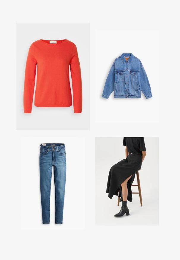 Light blue denim jacket with a classic collar, two chest pockets, side pockets, and button closure. Features a loose fit and visible stitching.; Red long-sleeve sweater made from soft fabric, featuring a wide neckline and ribbed cuffs, with a smooth texture and no visible patterns.; High-waisted, skinny jeans in light blue denim. Features five pockets, front button closure, and classic stitching detail throughout.; Black linen maxi skirt with a high slit, worn with a black t-shirt and black ankle boots. Minimalistic design with a relaxed fit.