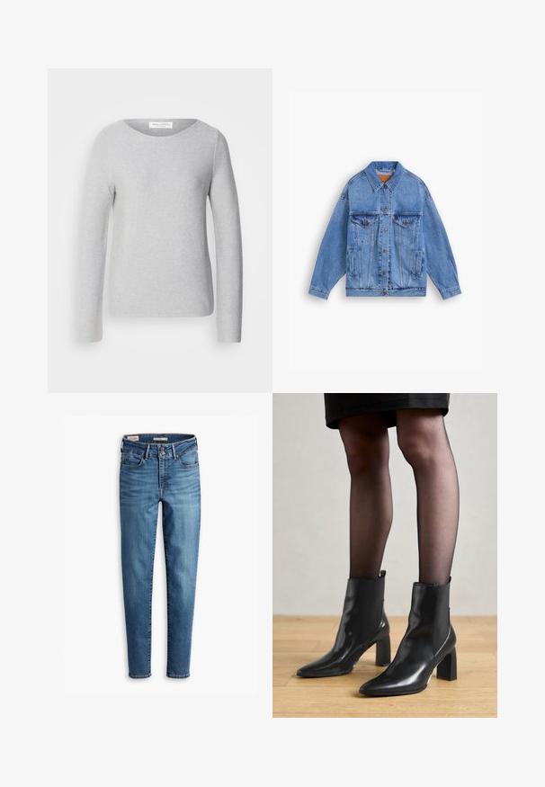 Heleheles sinine teksajakk klassikalise kraega, kahe rinnatasku, küljetaskute ja nööbipaelaga. Omab laia lõiget ja nähtavaid õmblusi.; Marc O'Polo LONGSLEEVE BOAT NECK - Džemper - soft stone melange; Musta tanktop, mis on valmistatud pehmest ja venivast materjalist. Omab ümmargust kaelust ja laiu õlapaelu, ning sellel on voolav siluett ja sile tekstuur.; Kõrge vöökohaga kitsad teksad helesinisest denimist. Omab viit taskut, ees klõpsuga sulgemist ja klassikalist tikandit kogu ulatuses.; Mustad mustad jalanõud terava ninaga, paksu ruudukujulise kontsaga ja saleda disainiga. Omavad elastseid külgpaneele mugavaks selga tõmbamiseks.