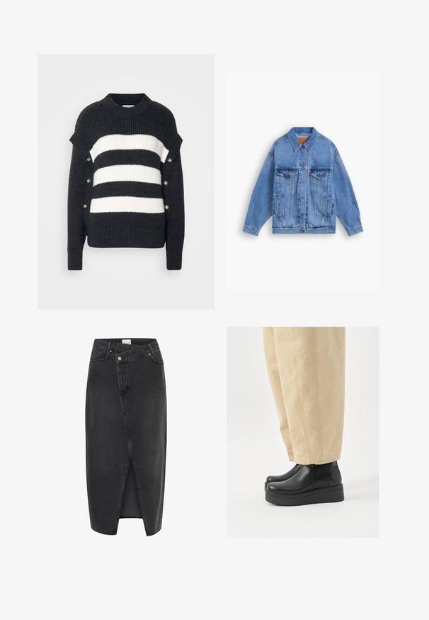 Šviesiai mėlynas džinsinis dzemperis su klasikiniu apykakle, dviem krūtinės kišenėmis, šoninėmis kišenėmis ir mygtukų uždarymu. Turi laisvą fasoną ir matomą siuvinėjimą.; Juoda ir balta dryžuota megztinis su raukiniais, turintis aukštą kaklą ir dekoratyvinius mygtukų akcentus šone.; Juodas džinsinis midi sijonas su priekine skyle, struktūruotas siluetas ir klasikinis penkių kišenių dizainas. Yra mygtukas ir užtrauktukas.; Juodi odiniai auliniai batai iki kulkšnies, su apvaliu nosiu ir plataforma. Derinami su smėlio spalvos plačiomis kelnėmis, kurios turi matomus siuvimo detalizavimus.