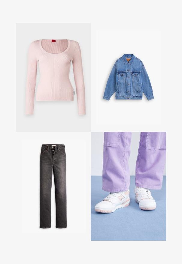 Világoskék farmerdzseki klasszikus gallérral, két mellzsebbel, oldalzsebekkel és gombos záródással. Jellemző rá a laza szabás és a látható varrás.; Világos rózsaszín, bordázott, hosszú ujjú blúz, kerek nyakkivágással. Slim fit szabású, az oldalon található egy kis címke, amely a "Hugo" márkát jelöli.; Fekete, magas derekú farmernadrág, egyenes szárú kialakítással, denimből készült. Gombos zipzárral, réz színű kiegészítőkkel és eltérő varrással rendelkezik.; Fehér sportcipők rózsaszín részletekkel, texturált bőr felsőrésszel és gumitalppal, világoslila széles lábú nadrággal párosítva egy kék felületen.