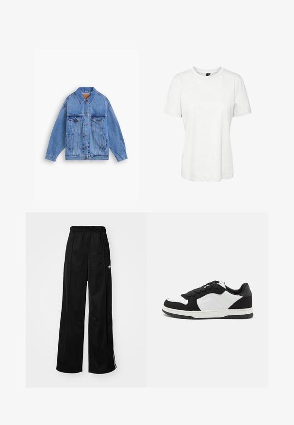 Chaqueta de mezclilla azul claro con un collar clásico, dos bolsillos en el pecho, bolsillos laterales y cierre de botones. Presenta un corte holgado y costuras visibles.; Camiseta corta de manga blanca hecha de algodón, con cuello redondo y un corte relajado. Textura suave y sin patrones ni adornos visibles.; Pantalones de chándal negros de pierna ancha con cinturilla elástica, que cuentan con rayas laterales blancas y un pequeño logo en la cadera izquierda. Textura de tela suave.; Zapatillas en blanco y negro con un upper de ante texturizado, acentos de cuero suave, puntera redondeada y suela de goma con un diseño de taco.