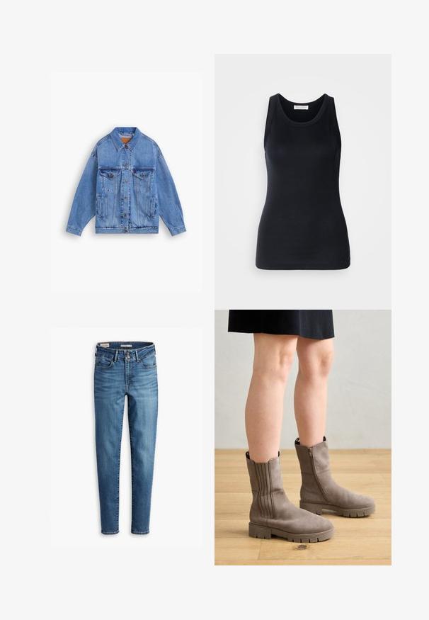 Šviesiai mėlynas džinsinis dzemperis su klasikiniu apykakle, dviem krūtinės kišenėmis, šoninėmis kišenėmis ir mygtukų uždarymu. Turi laisvą fasoną ir matomą siuvinėjimą.; Juodas tanktopas, pagamintas iš minkštos, elastingos medžiagos. Jame yra apykaklės forma ir plačios petnešos, su prigludusia siluetu ir lygiu paviršiumi.; Aukštos liemens, liesos džinsai šviesiai mėlynos spalvos. Yra penki kišenės, priekinis sagų uždarymas ir klasikinis siuvimo detalė visame džinsų paviršiuje.; Taupe spalvos auliniai batai su lygia zomšos apdaila, vertikalių siūlių detalėmis, šoniniu užtrauktuku ir storu guminiu padu.