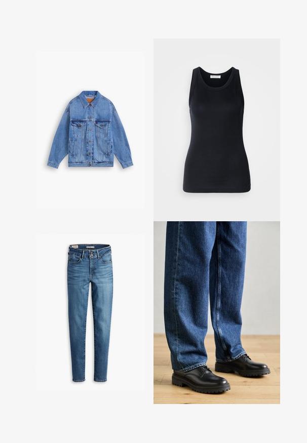 Világoskék farmerdzseki klasszikus gallérral, két mellzsebbel, oldalzsebekkel és gombos záródással. Jellemző rá a laza szabás és a látható varrás.; Fekete ujjatlan felső, puha, rugalmas anyagból készült. Kerek nyakkivágással és széles vállpántokkal rendelkezik, testhezálló szabású és sima textúrájú.; Felső derékig érő, karcsú farmernadrág világoskék denim anyagból. Öt zseb, elöl gombos zárás és klasszikus varrási részletek jellemzik.; Fekete bőrcipők lekerekített orral, fűzős kialakítással és vastag, textúrált gumitalppal, laza szabású kék farmernadrággal párosítva.