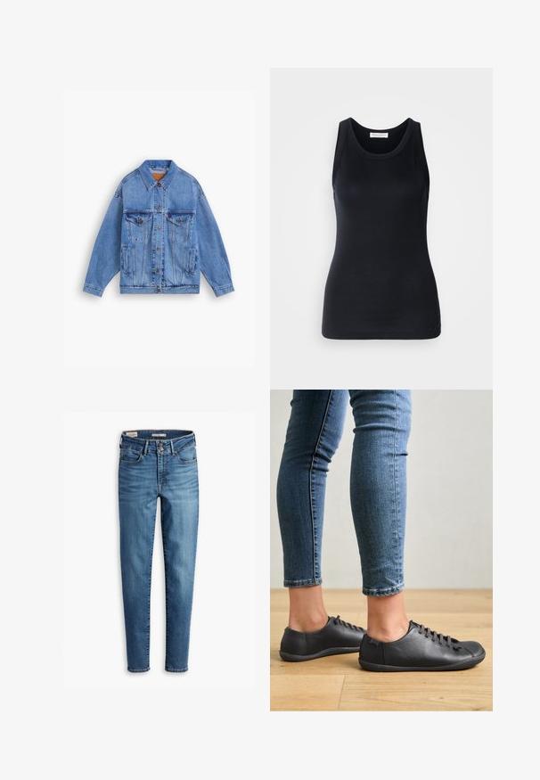 Veste en denim bleu clair avec un col classique, deux poches poitrine, des poches latérales et une fermeture à boutons. Présente une coupe ample et des coutures visibles.; Débardeur noir en tissu doux et extensible. Il dispose d'un col rond et de larges bretelles, avec une silhouette ajustée et une texture lisse.; Jean skinny taille haute en denim bleu clair. Comprend cinq poches, fermeture à bouton à l'avant et détails de couture classiques sur l'ensemble.; Chaussures en cuir noir avec un bout rond, profil bas et système de laçage. Associées à des jeans ajustés bleus sur un fond de parquet.