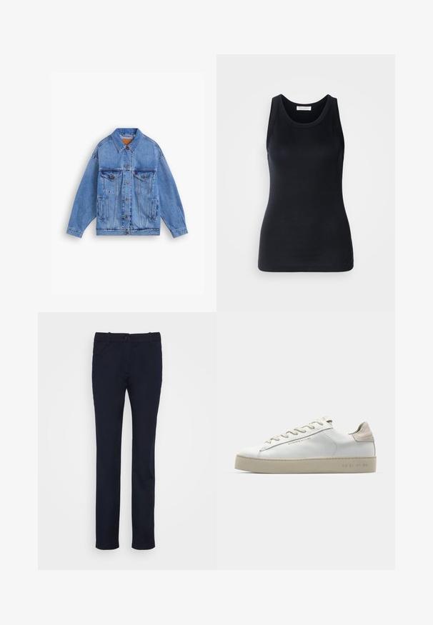 Lys blå denimjakke med klassisk krage, to brystlommer, sidelommer og knappeåpning. Har løs passform og synlige sømmer.; Svart tanktopp laget av myk, elastisk stoff. Har rund halsutskjæring og brede skulderstropper, med en tettsittende silhuett og jevn tekstur.; Mørkeblå bomullschinos med slim fit, med standard liv, front- og baklommer, og en jevn tekstur.; Hvit lær sneakers med en glatt finish, aksenter i beige semsket skinn, rund tå, flat snøring og en teksturert gummisåle.