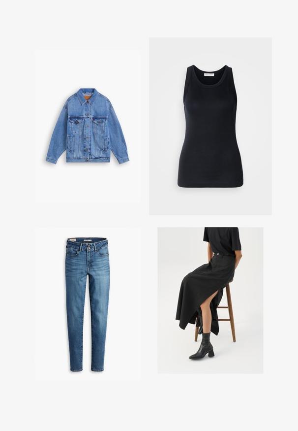 Jasnoniebieska dżinsowa kurtka z klasycznym kołnierzem, dwoma kieszeniami na piersi, kieszeniami bocznymi i zapięciem na guziki. Posiada luźny krój i widoczne przeszycia.; Czarny top na ramiączkach wykonany z miękkiego, rozciągliwego materiału. Posiada okrągły dekolt i szerokie ramiączka, ma dopasowany krój oraz gładką fakturę.; Dżinsy skinny z wysokim stanem w jasnoniebieskim deninie. Posiadają pięć kieszeni, zapięcie na guzik z przodu oraz klasyczne detale przeszycia.; Czarna lniana spódnica maxi z wysokim rozcięciem, noszona z czarnym t-shirtem i czarnymi botkami sięgającymi kostek. Minimalistyczny design z luźnym krojem.