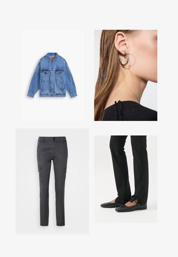 Světle modrá denimová bunda s klasickým límcem, dvěma náprsními kapsami, postranními kapsami a knoflíkovým zapínáním. Má volný střih a viditelné švy.; Černý top bez rukávů vyrobený z měkkého, elastického materiálu. Má kulatý výstřih a široké ramenní popruhy, s přiléhavým střihem a hladkou texturou.; Mos Mosh TIMAF - Kapsáče - phantom; Černé kožené baleríny s špičatou špičkou, páskem se stříbrnou sponou, společně s černými kalhotami s úzkým střihem a rozparky na lemech.; Stříbrný kruhový náušník s lesklým povrchem, zdobený malými zlatými akcenty, v kulatém tvaru, nošený na lalůčku.