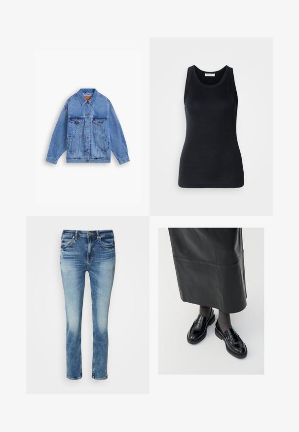 Helle blaue Jeansjacke mit klassischem Kragen, zwei Brusttaschen, Seitentaschen und Knopfverschluss. Hat eine lockere Passform und sichtbare Nähte.; Schwarzes Tanktop aus weichem, dehnbarem Stoff. Mit Rundhalsausschnitt und breiten Trägern, tailliert geschnitten und mit glatter Oberfläche.; Hellblaues Denim-Jeans mit geradem Schnitt, leichtem Bleichen, Fünf-Taschen-Stil und dezentem Stickerei am Saum.; Schwarze Lederloafers mit glatter Oberfläche, verziert mit einem dekorativen Riemen, runder Zehenpartie und texturierten Sohlen. Getragen mit einem langen schwarzen Lederrock.