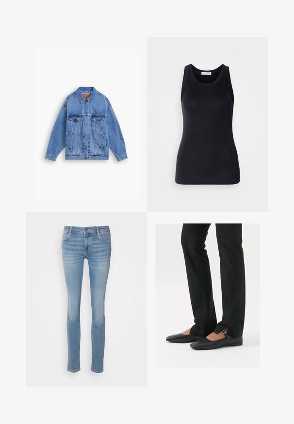 Svijetloplava traper jakna s klasičnom kragnom, dva džepa na prsima, bočnim džepovima i zatvaranjem na gumbe. Ima širok kroj i vidljive šavove.; Crna majica bez rukava od mekog, rastezljivog materijala. Ima okrugli izrez i široke naramenice, s prilagođenim krojem i glatkom teksturom.; Svijetloplave uske traperice s klasičnim dizajnom s pet džepova, srednjeg struka i diskretnim izblijedjamin duž nogu.; Crne kožne balerinke s uskim vrhom, trakica sa srebrnom kopčom, u kombinaciji s crnim krojenim hlačama s otvorenim rubom.