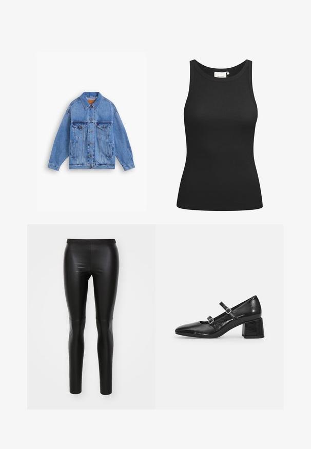 Helle blaue Jeansjacke mit klassischem Kragen, zwei Brusttaschen, Seitentaschen und Knopfverschluss. Hat eine lockere Passform und sichtbare Nähte.; Schwarzes Tanktop aus Rippstoff mit Rundhalsausschnitt und figurbetonter Passform. Flache Nähte und keine Verzierungen. Einfaches und elegantes Design.; Schwarze Leggings aus glattem, dehnbarem Material mit hohem Bund. Figurbetontes Design, nahtlose Verarbeitung und keine sichtbaren Taschen.; Schwarze Lackleder-Mary-Jane-Schuhe mit spitzem Zeh, zwei verstellbaren Riemen und einem klobigen Blockabsatz. Glatte Textur und glänzende Oberfläche.