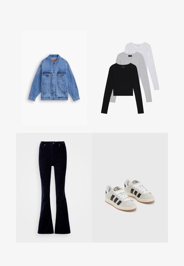 Heleheles sinine teksajakk klassikalise kraega, kahe rinnatasku, küljetaskute ja nööbipaelaga. Omab laia lõiget ja nähtavaid õmblusi.; Kolm pikkade varrukatega toppi, mis on üksteise peale asetatud: must, hall ja valge. Igal ühel on ümar kaelus ja lühike disain, valmistatud siledast, kergekaalulisest kangast.; Tumes sinine korduroo flare-püksid kõrge vöökohaga, millel on viis taskut ja metallnupp, tekstureeritud kangas ja laiad sääred.; Hallid hallid nahkrennid valgete paeltega, mustade triipudega ja valge kummitaldiga. Omab ümmargust logo keeles ja kummitalda.