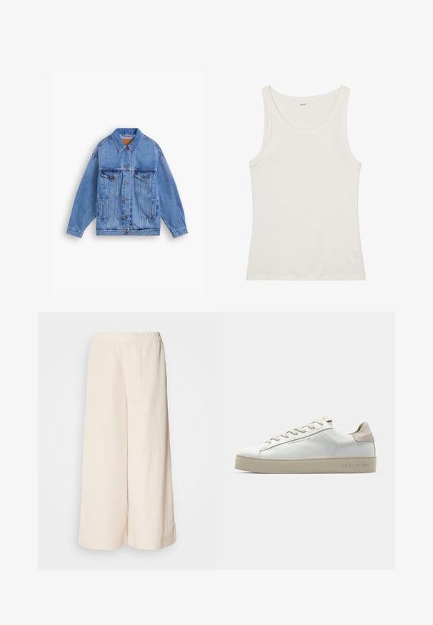 Šviesiai mėlynas džinsinis dzemperis su klasikiniu apykakle, dviem krūtinės kišenėmis, šoninėmis kišenėmis ir mygtukų uždarymu. Turi laisvą fasoną ir matomą siuvinėjimą.; Balta medvilnės marškinėliai be rankovių su plačiu kaklu ir plonomis petnešėlėmis. Lygus paviršius be matomų raštų ar papuošimų.; Kreminės plačios kelnės su elastinga juosta, pasižyminčios laisva prigludimo ir lygiu paviršiumi, tinkamos kasdieniam dėvėjimui.; Balti odiniai sportbačiai su lygiu paviršiumi, šviesiai rudos suede akcentais, apvalia nosimi, plokščiu raištelių užsegimu ir tekstūruotu guma pagamintu padu.