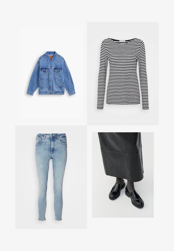 Chaqueta de mezclilla azul claro con un collar clásico, dos bolsillos en el pecho, bolsillos laterales y cierre de botones. Presenta un corte holgado y costuras visibles.; Camisa de manga larga y cuello redondo con un patrón de rayas en blanco y negro. Fabricada con una tela suave y de corte regular. Diseño limpio y minimalista.; Jeans de mezclilla azul claro con un corte slim, diseño de cinco bolsillos, cremallera y un ligero desgaste en la parte frontal. El dobladillo está doblado en los tobillos.; Mocasines de cuero negro con un acabado suave, que presentan una tira decorativa, puntera redonda y suela texturizada. Llevados con una falda larga de cuero negro.