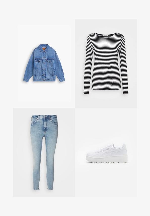 Chaqueta de mezclilla azul claro con un collar clásico, dos bolsillos en el pecho, bolsillos laterales y cierre de botones. Presenta un corte holgado y costuras visibles.; Camisa de manga larga y cuello redondo con un patrón de rayas en blanco y negro. Fabricada con una tela suave y de corte regular. Diseño limpio y minimalista.; Jeans de mezclilla azul claro con un corte slim, diseño de cinco bolsillos, cremallera y un ligero desgaste en la parte frontal. El dobladillo está doblado en los tobillos.; Zapatillas de plataforma blancas con una textura de cuero suave, detalles perforados y cordones planos; cuentan con una suela de goma blanca gruesa.