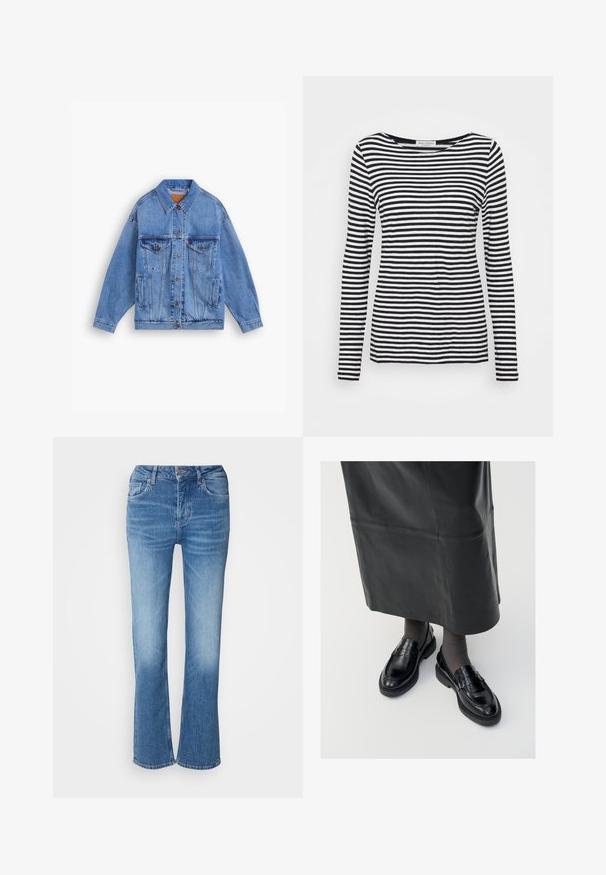 Chaqueta de mezclilla azul claro con un collar clásico, dos bolsillos en el pecho, bolsillos laterales y cierre de botones. Presenta un corte holgado y costuras visibles.; Camisa de manga larga y cuello redondo con un patrón de rayas en blanco y negro. Fabricada con una tela suave y de corte regular. Diseño limpio y minimalista.; Jeans de mezclilla acampanados en azul claro. Con una cintura alta, cinco bolsillos y detalles de costura. Textura suave con un efecto de lavado desgastado.; Mocasines de cuero negro con un acabado suave, que presentan una tira decorativa, puntera redonda y suela texturizada. Llevados con una falda larga de cuero negro.