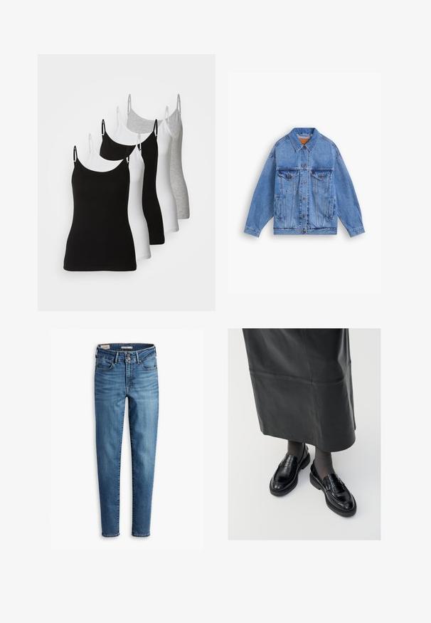 Šviesiai mėlynas džinsinis dzemperis su klasikiniu apykakle, dviem krūtinės kišenėmis, šoninėmis kišenėmis ir mygtukų uždarymu. Turi laisvą fasoną ir matomą siuvinėjimą.; Penki be rankovių marškiniai juodos, baltos ir šviesiai pilkos spalvų. Pagaminti iš lygaus, tampraus audinio su reguliuojamomis petnešomis ir apvaliais iškirpimais.; Aukštos liemens, liesos džinsai šviesiai mėlynos spalvos. Yra penki kišenės, priekinis sagų uždarymas ir klasikinis siuvimo detalė visame džinsų paviršiuje.; Juodos odinės loafer bateliai su glotniu paviršiumi, dekoratyvine juostele, apvalia nosimi ir tekstūruotu padu. Dėvimi su ilga juoda odine sijonu.