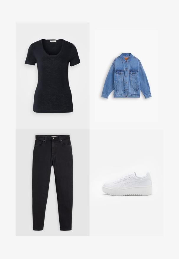 Vaaleansininen farkkutakki, jossa on klassinen kaulus, kaksi rintataskua, sivutaskut ja napitus. Ominaisuuksia ovat rento istuvuus ja näkyvät ompeleet.; Lyhythihainen musta t-paita, jossa on pyöreä pääntie, kevyt rakenne ja vartalonmyötäinen siluetti, johon kuuluu hienovaraisia kangasvaihteluja.; Mustat slim-fit-farkut, joissa on nappi- ja vetoketjukiinnitys, viisi taskua ja vyölenkit vaaleanharmaalla taustalla.; Valkoiset platofom-nikeet, joissa on sileä nahkapinta, reikiin leikattu yksityiskohta ja litteät nauhat; paksu valkoinen kumipohja.