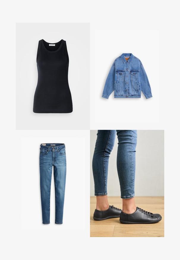 Šviesiai mėlynas džinsinis dzemperis su klasikiniu apykakle, dviem krūtinės kišenėmis, šoninėmis kišenėmis ir mygtukų uždarymu. Turi laisvą fasoną ir matomą siuvinėjimą.; Juodas tanktopas, pagamintas iš minkštos, elastingos medžiagos. Jame yra apykaklės forma ir plačios petnešos, su prigludusia siluetu ir lygiu paviršiumi.; Aukštos liemens, liesos džinsai šviesiai mėlynos spalvos. Yra penki kišenės, priekinis sagų uždarymas ir klasikinis siuvimo detalė visame džinsų paviršiuje.; Juodi odiniai batai su apvaliu pirštu, žemu profiliu ir raišteliais. Derinami su mėlynomis prigludusiomis džinsomis ir mediniu grindų fonu.