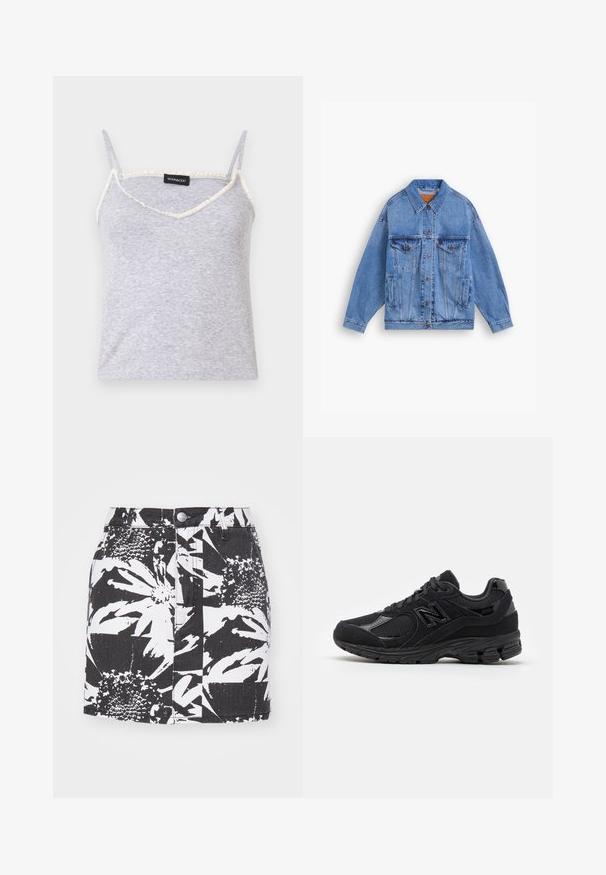 Giacca in denim azzurro chiaro con colletto classico, due tasche sul petto, tasche laterali e chiusura a bottoni. Presenta una vestibilità ampia e cuciture visibili.; Top in maglia grigia a costine con spalline regolabili. Presenta un scollatura a V e una finitura sfilacciata color crema lungo i bordi.; Gonna di jeans nera con una audace stampa floreale bianca, dalla forma strutturata, chiusura frontale con bottoni e un tessuto testurizzato con cuciture visibili.; Scarpe sportive nere con una combinazione di materiali lisci e testurizzati, punta arrotondata, colletto imbottito e logo prominente di lato.