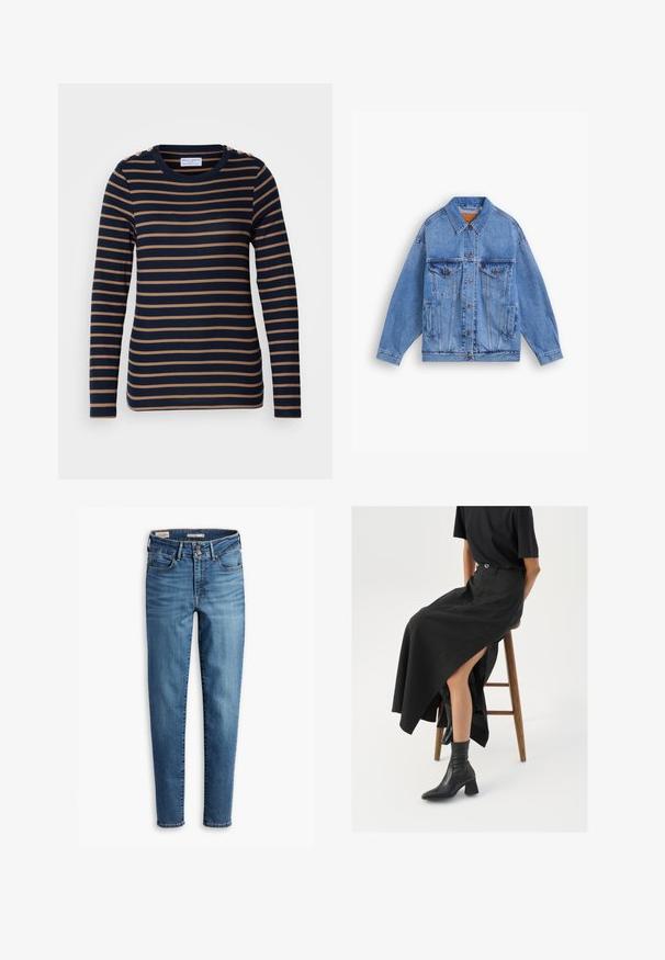 Jaqueta de denim azul claro com colarinho clássico, dois bolsos no peito, bolsos laterais e fecho por botões. Apresenta um corte solto e costuras visíveis.; Lindex KATARINA - Camisola de manga comprida - dark navy; Jeans skinny de cintura alta em denim azul claro. Possui cinco bolsos, fecho frontal com botão e detalhe de costura clássica por todo o lado.; Saia maxi de linho preta com uma fenda alta, usada com uma t-shirt preta e botas cano curto pretas. Design minimalista com um corte descontraído.