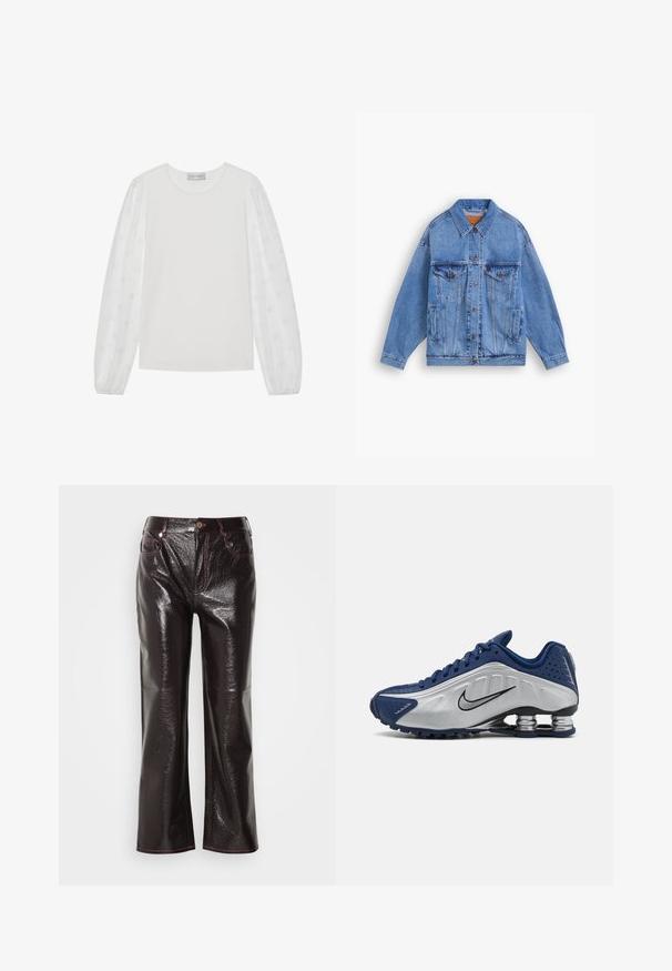 Lichtblauwe spijkerjacket met een klassieke kraag, twee borstzakken, zijzakken en knoopsluiting. Heeft een losse pasvorm en zichtbare stiksels.; Witte lange mouw top met een solide lijf en doorzichtige pofmouwen met stippenpatronen. Ronde halslijn, met manchetten mouwen, zachte textuur.; Glanzende donkere bordeaux brede jeans met een glanzende afwerking, contrasterende roze steken, een voorzak en een knoopsluiting bij de taille.; Blauwe en zilveren sportieve schoenen met een gestructureerde bovenkant, perforaties en een gebogen zool met metallic schokdempers. Zwarte logo-accent.