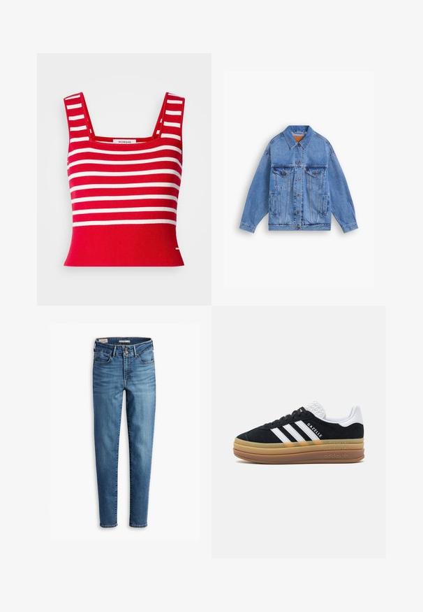Lys blå denimjakke med klassisk krave, to brystlommer, sidelommer og knaplukning. Har en løs pasform og synlig syning.; Rød strikket crop top med hvide vandrette striber. Har firkantet udskæring og ribbet tekstur. Etikette placeret i midten.; Højtaljede, skinny jeans i lyseblå denim. Har fem lommer, frontknaplukning og klassiske syninger overalt.; Sorte ruskindssneakers med hvide accenter og tre striber, der har en struktureret hvid hæl, gummisål og "Gazelle" branding.