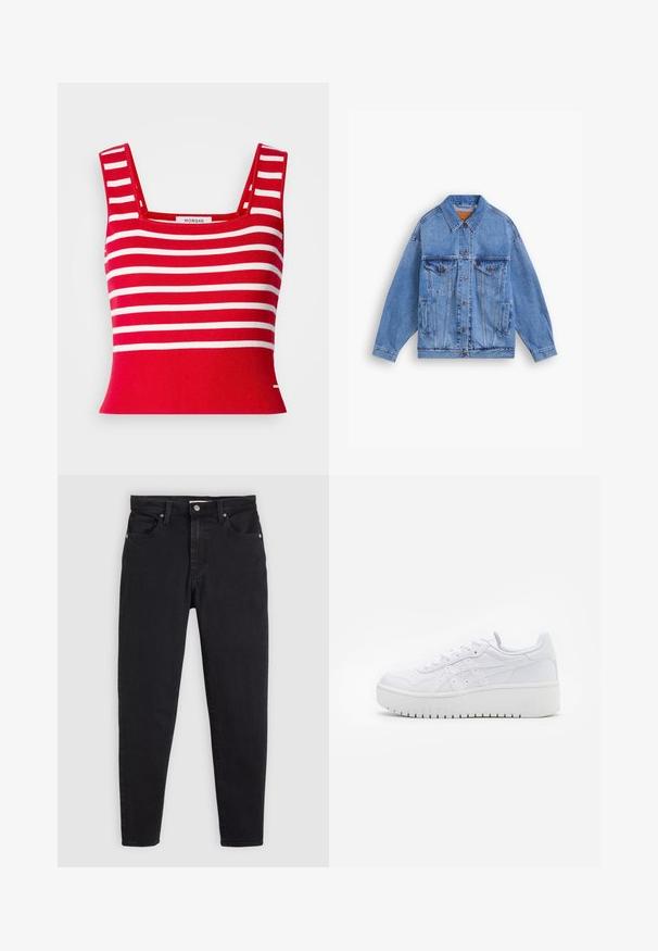 Lys blå denimjakke med klassisk krage, to brystlommer, sidelommer og knappeåpning. Har løs passform og synlige sømmer.; Rød strikket crop topp med hvite horisontale striper. Har firkantet hals og ribbestruktur. Merket er plassert i midten.; Sorte slim-fit jeans med knap- og lynlåslukning, fem-lomme design og bæltestropper på en lys grå baggrund.; Hvide platform sneakers med en glat læderoverflade, perforerede detaljer og flade snørebånd; har en tyk hvid gummisål.