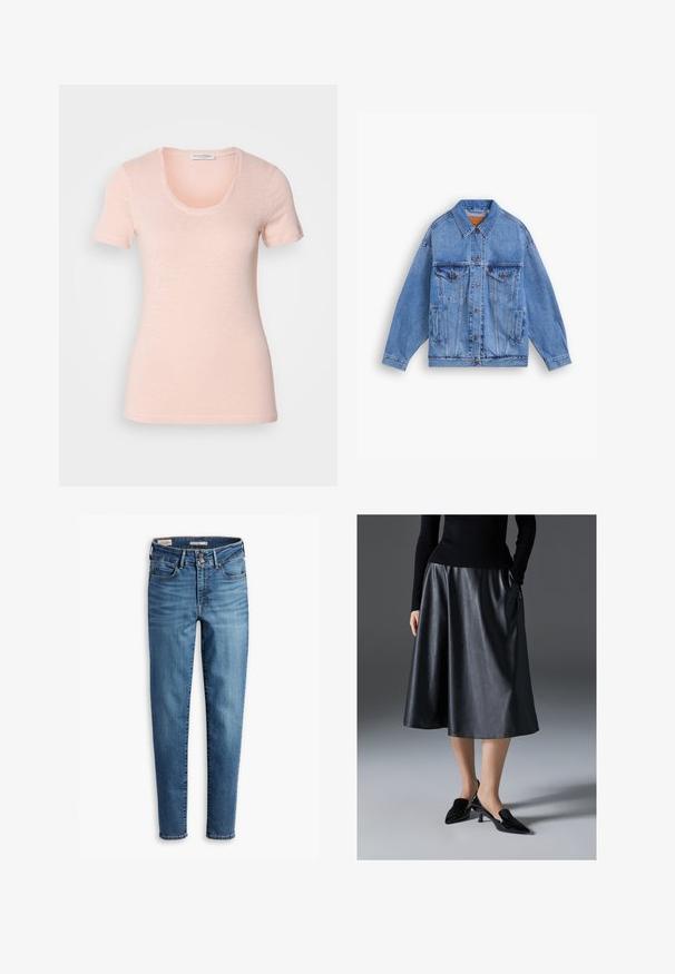 Vaaleansininen farkkutakki, jossa on klassinen kaulus, kaksi rintataskua, sivutaskut ja napitus. Ominaisuuksia ovat rento istuvuus ja näkyvät ompeleet.; Paita lyhyillä hihoilla, kaarroke-aukolla vaaleanpunaisena. Valmistettu pehmeästä, teksturoidusta kankaasta, jossa on rento istuvuus ja siistit saumat.; Korkeavyötäröiset skinny-farkut vaaleansinisessä denimissä. Ominaisuuksiin kuuluu viisi taskua, etupainon sulkija ja klassinen ompeluyksityiskohta ympäriinsä.; Musta nahkainen midi-hame, jossa on sileä pinta; sisältää vyötärönauhan ja sivutaskut. Yhdistetty kiiltäväksi mustiin korkokenkiin.