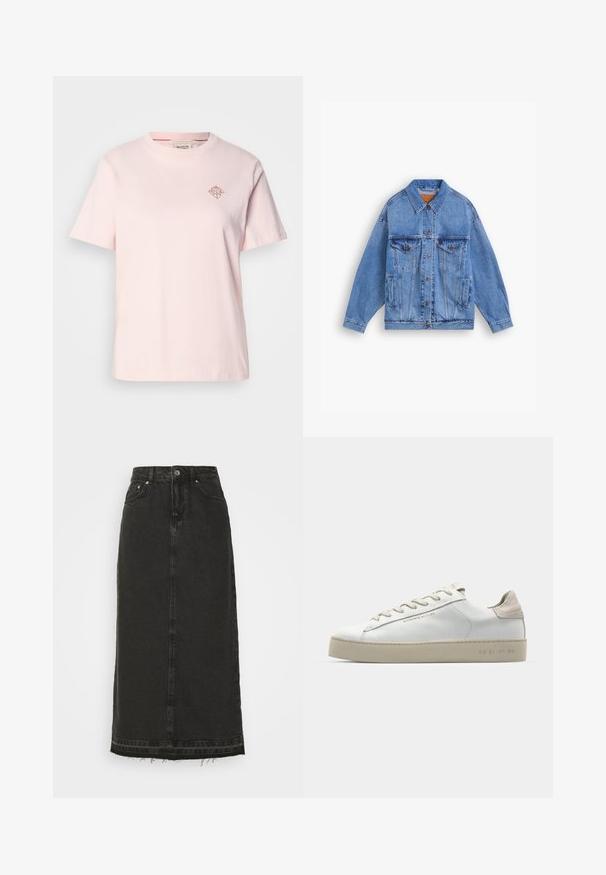 Lys blå denimjakke med klassisk krage, to brystlommer, sidelommer og knappeåpning. Har løs passform og synlige sømmer.; Lyse rosa bomull t-skjorte med rund hals, korte ermer og en liten diamantformet logo i kontrastfarge på brystet.; Svart denim midi-skjørt med tett liv, frontlukking med knapper og slitt hem. Har klassisk fem-lomme-design og lett tekstur.; Hvit lær sneakers med en glatt finish, aksenter i beige semsket skinn, rund tå, flat snøring og en teksturert gummisåle.
