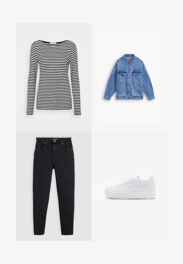 Világoskék farmerdzseki klasszikus gallérral, két mellzsebbel, oldalzsebekkel és gombos záródással. Jellemző rá a laza szabás és a látható varrás.; Hosszú ujjú, kerek nyakú póló fekete és fehér csíkos mintával. Puha anyagból készült, normál szabással. Letisztult, minimalista dizájn.; Fekete, slim fit farmernadrág, gombbal és cipzárral záródik, öt zsebes dizájn, övhurkokkal, világosszürke háttérrel.; Fehér platform sportcipők sima bőrfelülettel, perforált részletekkel és lapos fűzőkkel; vastag fehér gumitalppal rendelkezik.