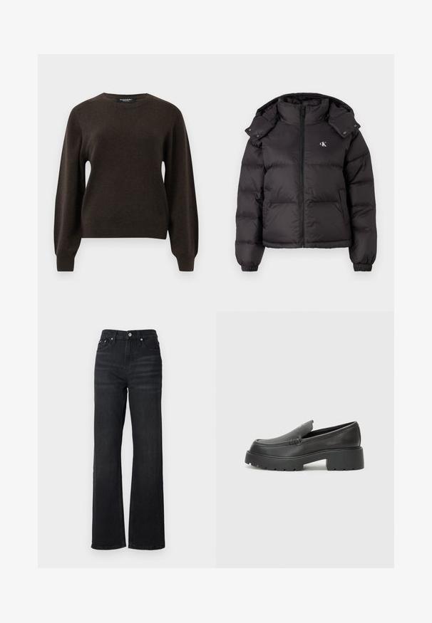Svart puffjakke med høyt krage, glidelås lukking og brodert logo på brystet. Har elastiske mansjetter og avtagbar hette.; Mørkebrun langermet genser med rund hals og ribbestrikkede mansjetter og nederkant, vist på en enkel lys grå bakgrunn.; Sorte denim vide bukser med høj talje, fem-lomme design og sølv metalknap. Stoffer har en glat tekstur og let stræk.; Sorte skinnloafers med rund tå, tykk teksturert såle og minimale sømdetaljer. Strømlinjeformet design uten synlige snørebånd eller hardvarer.