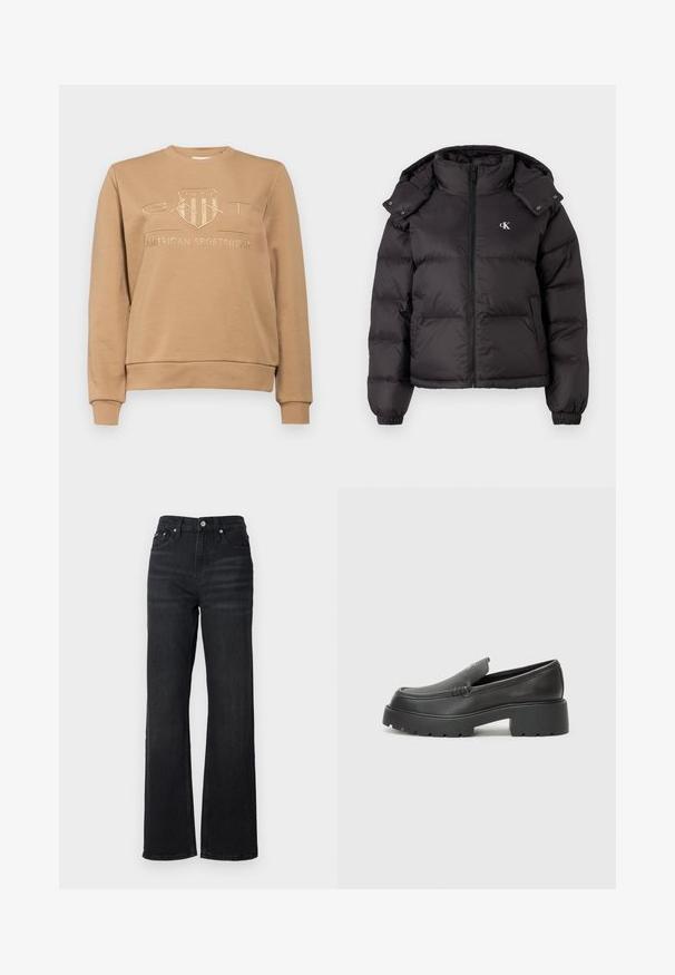 Czarna kurtka puchowa z wysokim kołnierzem, zapięciem na zamek błyskawiczny oraz haftowanym logo na piersi. Ma elastyczne mankiety i odpinany kaptur.; GANT - Bluza; Czarne dżinsy o szerokich nogawkach i wysokim stanie, pięć kieszeni w projekcie oraz srebrny metalowy guzik. Materiał ma gładką teksturę i delikatny stretch.; Czarne skórzane mokasyny z zaokrąglonym noskiem, grubą fakturowaną podeszwą oraz minimalnymi detalami szycia. Elegancki design bez widocznych sznurowadeł czy elementów metalowych.