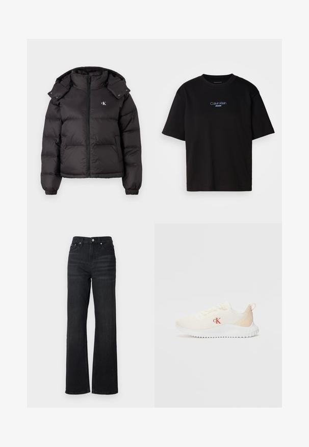 Black puffer jacket with a high collar, zip closure, and an embroidered logo on the chest. Features elastic cuffs and a detachable hood.; Black cotton t-shirt with a round neck, short sleeves, and blue embroidered "Calvin Klein JEANS" logo on the front.; Black denim wide-leg jeans with a high waist, five-pocket design, and silver metal button. Fabric has a smooth texture and slight stretch.; White mesh sneakers with a textured surface, light beige accents, a raised white sole, and a red "CK" logo on the side.
